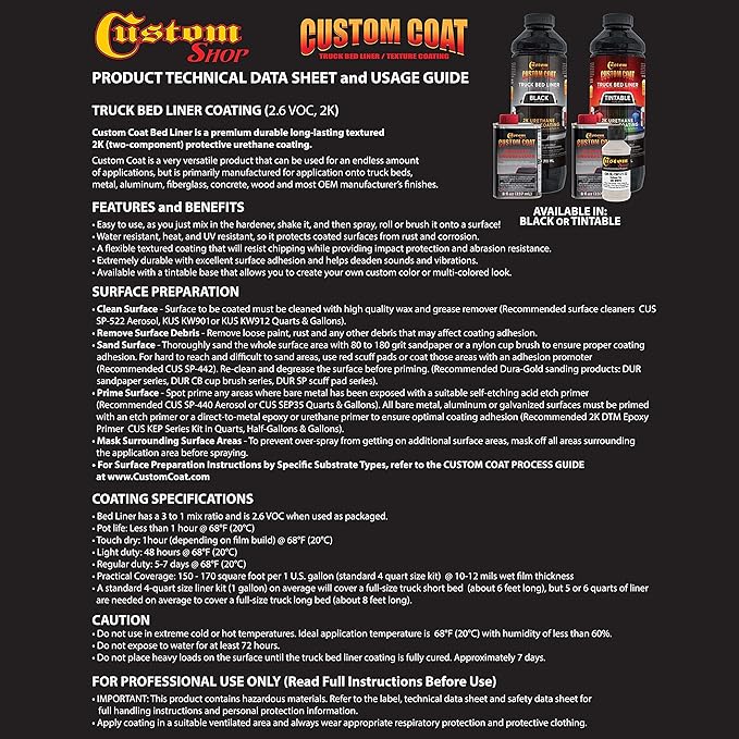 Custom Coat Black 1 Quart Urethane Spray-On Truck Bed Liner Kit - Easy 3 to 1 Mix Ratio, Just Mix, Shake and Shoot - Durable Textured Protective Coating, Prevent Rust - Car, Auto Metal Equipment