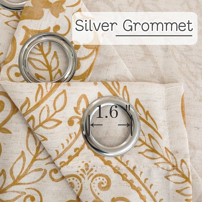 LAMIT Short Linen Curtains 45 inch Length for Small Windows, Light Filtering Semi Sheer Linen Curtains Grommet Vintage Damask Flower Pattern Drapes for Half Windows, 2 Panels, 34 x 45 Inch, Gold