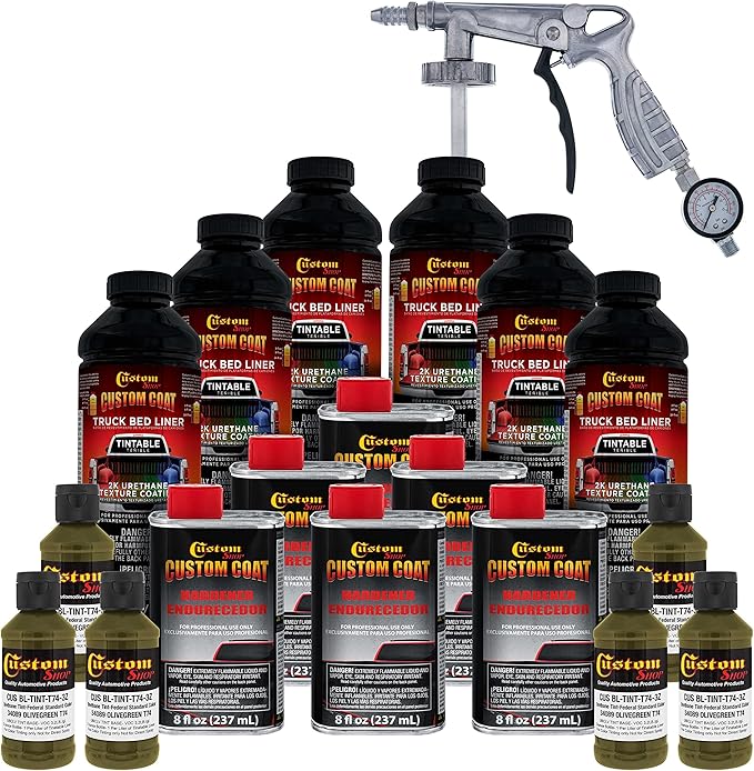 Custom Coat Federal Standard Color # 34089 Olive Green T74 Urethane Spray-On Truck Bed Liner, 1.5 Gallon Kit with Spray Gun and Regulator - Durable Textured Protective Coating - Car Auto