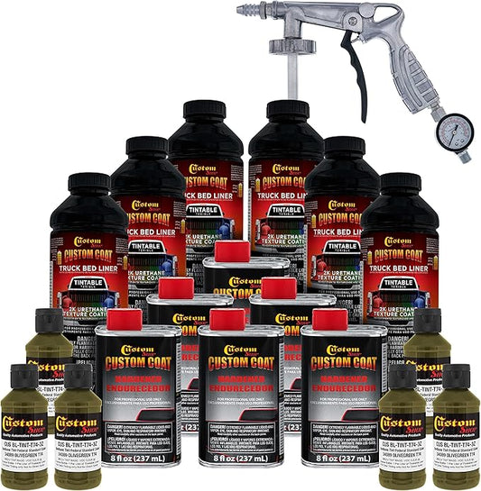 Custom Coat Federal Standard Color # 34089 Olive Green T74 Urethane Spray-On Truck Bed Liner, 1.5 Gallon Kit with Spray Gun and Regulator - Durable Textured Protective Coating - Car Auto