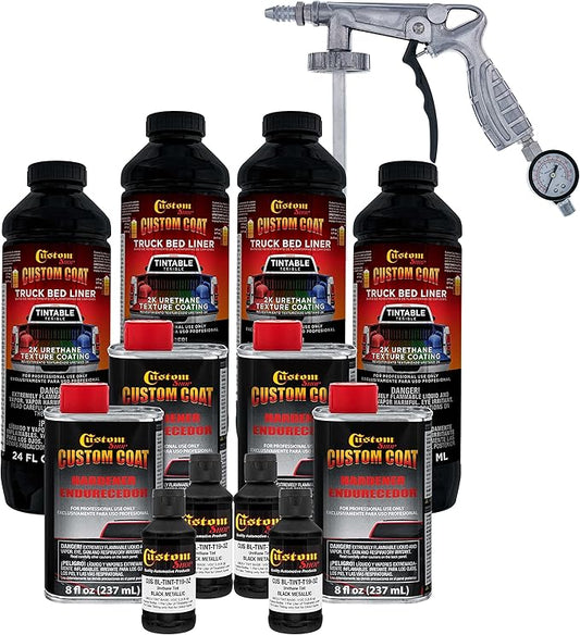 Custom Coat Black Metallic 1 Gallon Urethane Spray-On Truck Bed Liner Kit with Spray Gun and Regulator - Easy Mixing, Shake, Shoot It - Durable Textured Protective Coating, Prevent Rust - Car, Auto