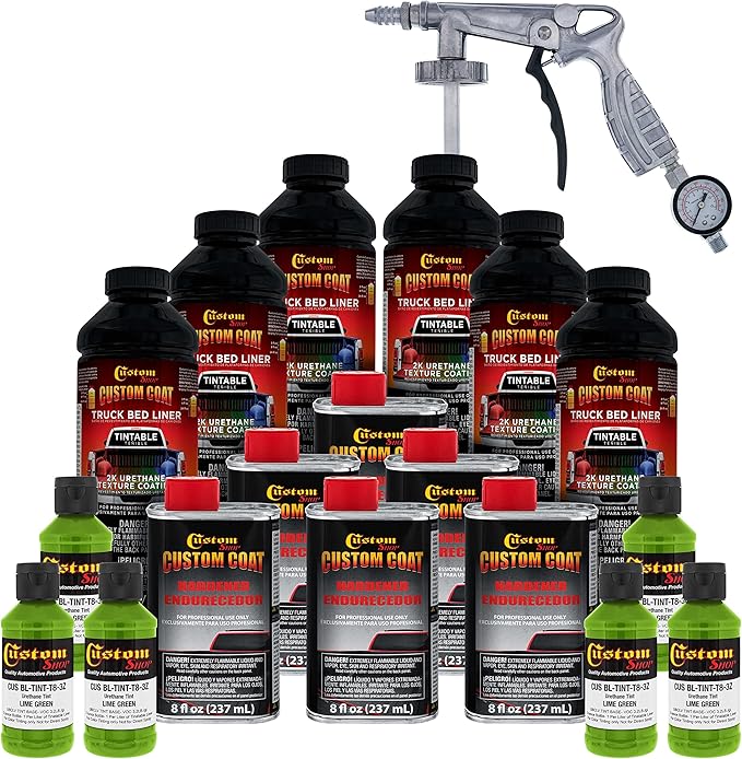 Custom Coat Lime Green 1.5 Gallon (6 Quart) Urethane Spray-On Truck Bed Liner Kit with Spray Gun and Regulator - Easy Mixing, Shake, Shoot - Textured Protective Coating, Prevent Rust - Car, Auto