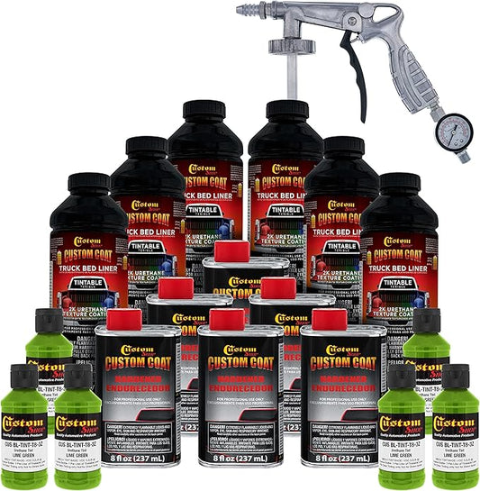 Custom Coat Lime Green 1.5 Gallon (6 Quart) Urethane Spray-On Truck Bed Liner Kit with Spray Gun and Regulator - Easy Mixing, Shake, Shoot - Textured Protective Coating, Prevent Rust - Car, Auto