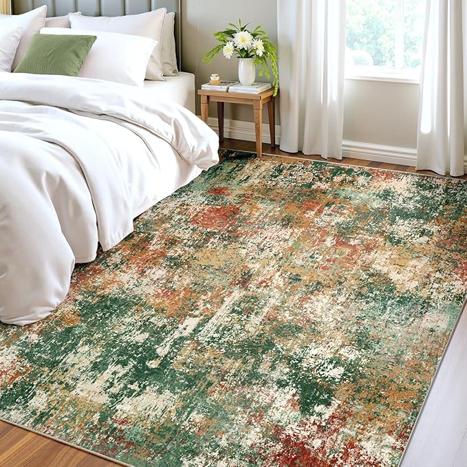 RELEANY Washable Area Rugs 4'x6' Non-Slip Modern Abstract Soft for Living Room Entryway Bedroom Nursery, Print Pattern, Green Orange Rust Red Cream Colorful