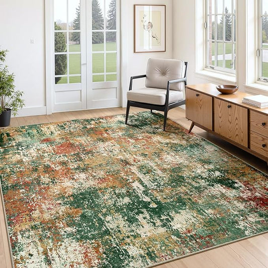 RELEANY Washable Area Rugs 4'x6' Non-Slip Modern Abstract Soft for Living Room Entryway Bedroom Nursery, Print Pattern, Green Orange Rust Red Cream Colorful