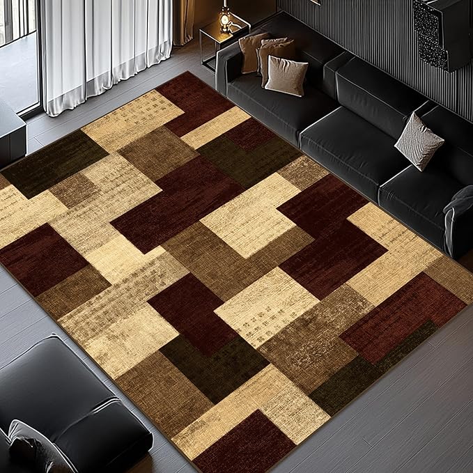 Modern Geometric Patchwork Indoor Area Rug for Living Room, Red 8x10 Large Rug Rockwood Collection Hardwood Floors Decor for Bedroom, Burgundy Throw Carpet for Office Entryway Dining Room