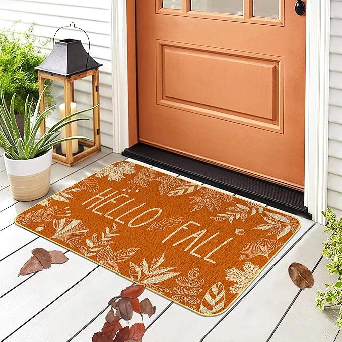KORVITA Hello Fall Welcome Door Mat Thanksgiving Day Floor Mat Autumn Indoor Outdoor Entrance Mat Bathroom Non-Slip Greeting Party Decorations 17 X 29 Inches