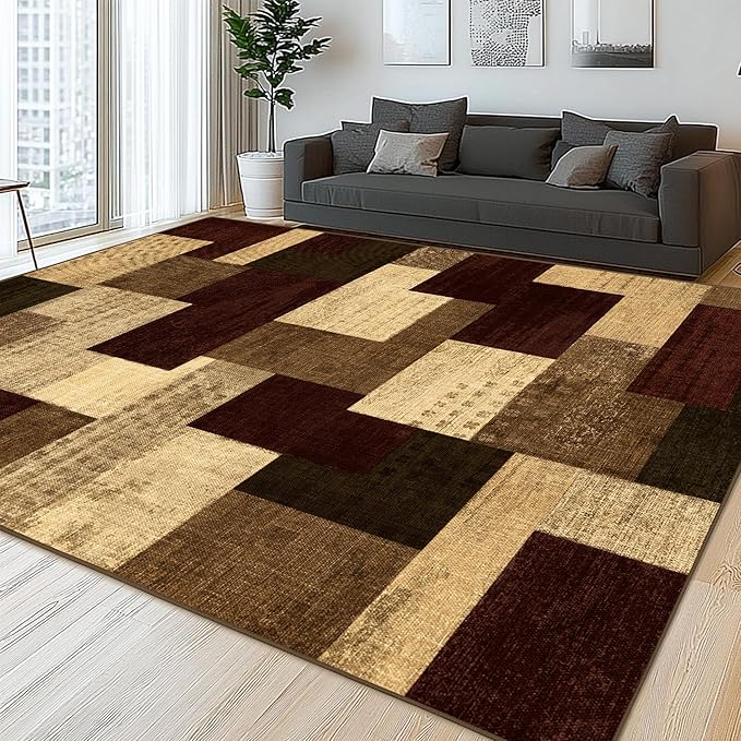 Modern Geometric Patchwork Indoor Area Rug for Living Room, Red 5x7 Large Rug Rockwood Collection Hardwood Floors Decor for Bedroom, Burgundy Throw Carpet for Office Entryway Dining Room