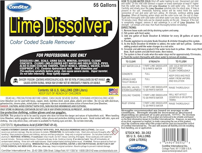 ComStar Lime Dissolver, 55 Gallon, & Scale Remover, Industrial Strength Descaler for Cooling Towers, Boilers, Coils, Urinals, Toilet Bowls, Ice Machines, Lab Equipment, Rust & Stain Cleaner (30-352)