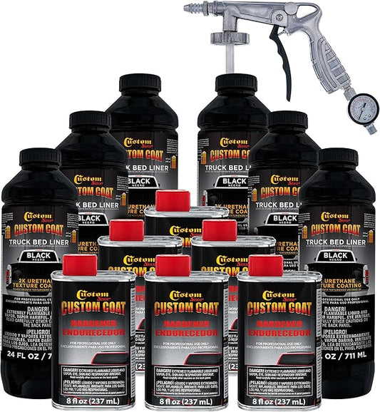 Custom Coat Black 1.5 Gallon (6 Quart) Urethane Spray-On Truck Bed Liner Kit with Spray Gun and Regulator - Easy 3 to 1 Mix Ratio, Just Mix, Shake and Shoot It - Durable Textured Protective Coating