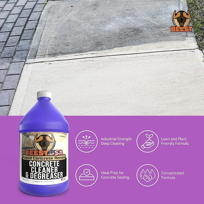 BEEST Concrete Cleaner - 1 Gallon (Makes 50 Gallons) Pressure Washer Soap, Degreaser Cleaner Heavy Duty - Dirt & Stain Remover for Concrete, Cement, Driveway, Garage Floor, Patio, Deck, Safe on Grass