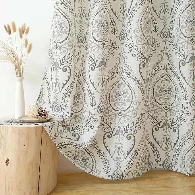 LAMIT 48 inch Length Linen Curtains for Small Windows, Light Filtering Semi Sheer Linen Curtains Grommet Vintage Damask Flower Pattern Drapes for Kitchen/Cafe, 2 Panels, 34 x 48 Inch, Grey