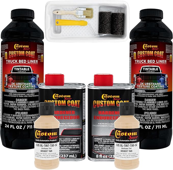 Custom Coat Federal Standard Color # 33446 Desert Tan T80 Urethane Roll-On, Brush-On or Spray-On Truck Bed Liner, 2 Quart Kit with Roller Applicator Kit - Textured Car Auto Protective Coating