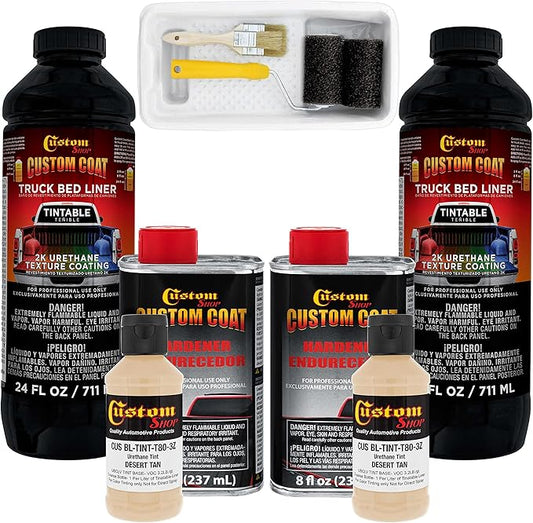 Custom Coat Federal Standard Color # 33446 Desert Tan T80 Urethane Roll-On, Brush-On or Spray-On Truck Bed Liner, 2 Quart Kit with Roller Applicator Kit - Textured Car Auto Protective Coating
