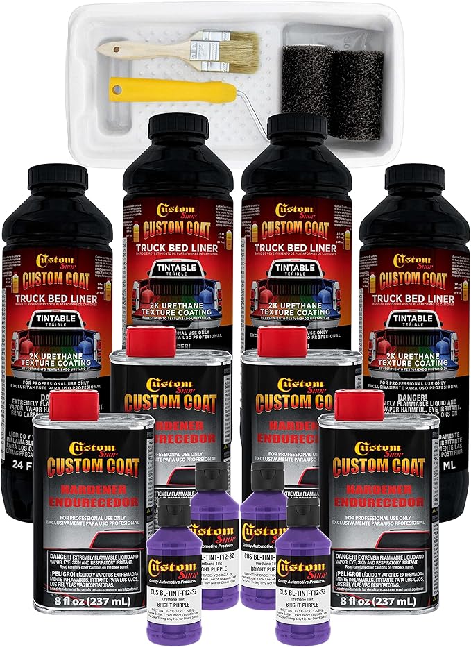 Custom Coat Bright Purple 1 Gallon Urethane Roll-On, Brush-On or Spray-On Truck Bed Liner Kit with Roller and Brush Applicator Kit - Easy Mixing, Shake, Shoot - Textured Car Auto Protective Coating