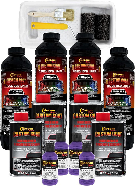 Custom Coat Bright Purple 1 Gallon Urethane Roll-On, Brush-On or Spray-On Truck Bed Liner Kit with Roller and Brush Applicator Kit - Easy Mixing, Shake, Shoot - Textured Car Auto Protective Coating