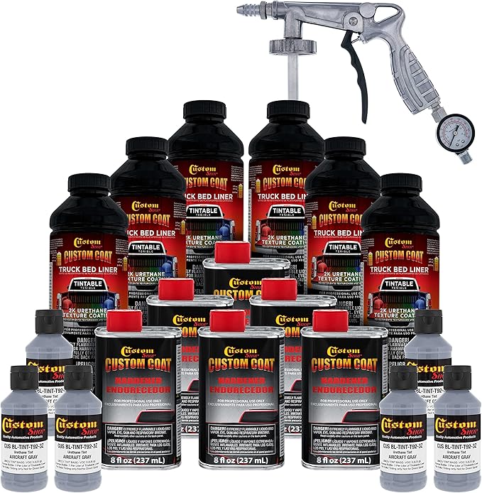 Custom Coat Federal Standard Color # 36300 Aircraft Gray T92 Urethane Spray-On Truck Bed Liner, 1.5 Gallon Kit with Spray Gun and Regulator - Durable Textured Protective Coating - Car Auto
