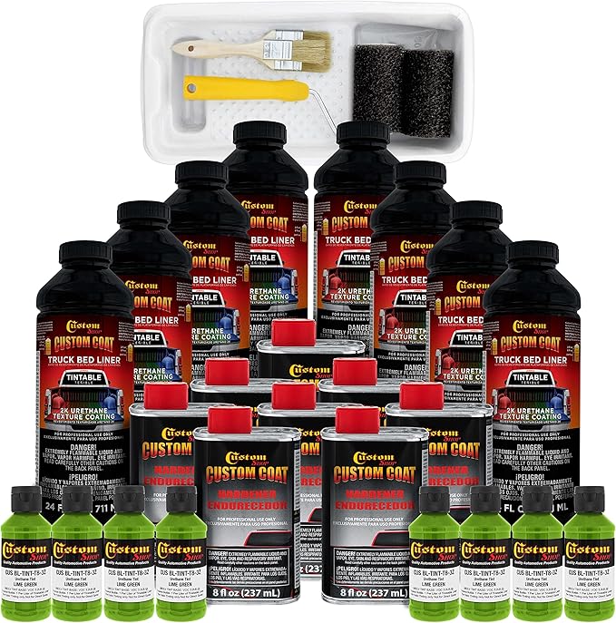 Custom Coat Lime Green 2 Gallon Urethane Roll-On, Brush-On or Spray-On Truck Bed Liner Kit with Roller and Brush Applicator Kit - Easy Mixing - Durable Textured Car Auto Protective Coating