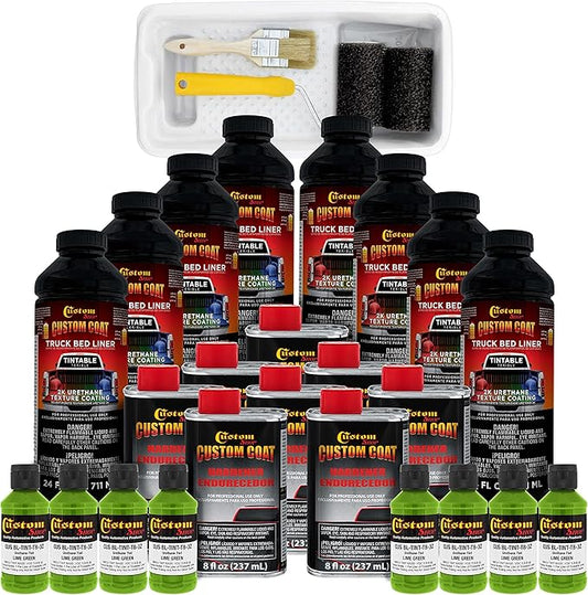 Custom Coat Lime Green 2 Gallon Urethane Roll-On, Brush-On or Spray-On Truck Bed Liner Kit with Roller and Brush Applicator Kit - Easy Mixing - Durable Textured Car Auto Protective Coating