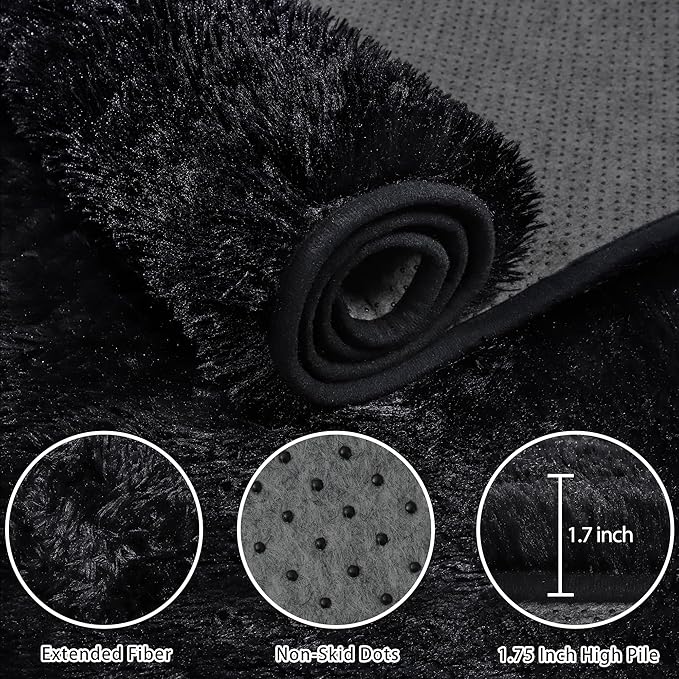 4x6 Area Rug for Living Room:Ultra Soft Fluffy Shag Black Rugs,Large Fuzzy Plush Indoor Non Slip Carpet Washable Rug for Bedroom Kids Nursery Office Dorm Modern Decor(Black 4'x6')