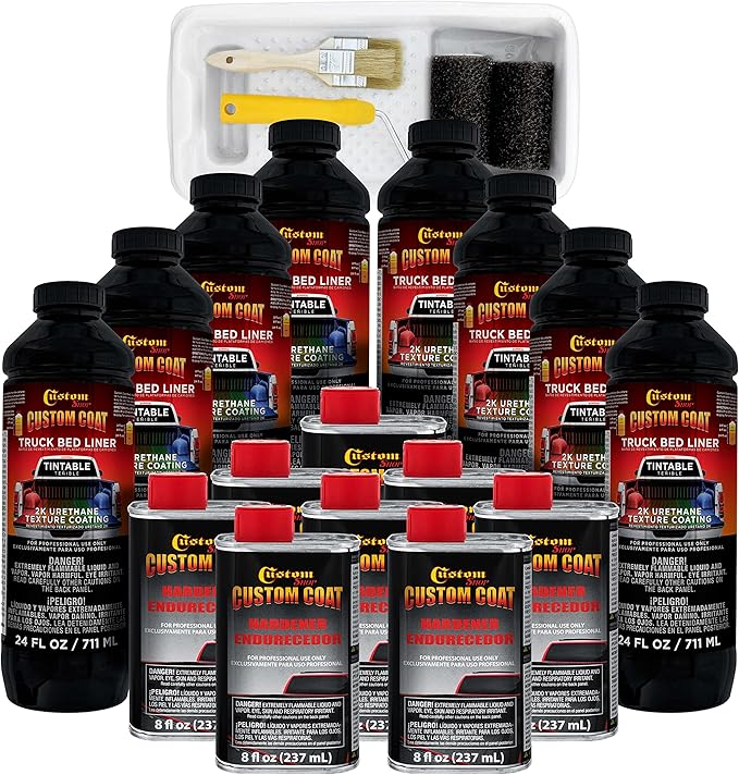 Custom Coat Tintable Base Only 2 Gallon Urethane Roll-On, Brush-On or Spray-On Truck Bed Liner Kit with Roller and Brush Applicator Kit - 3 to 1 Mix Ratio - Durable Textured Protective Coating