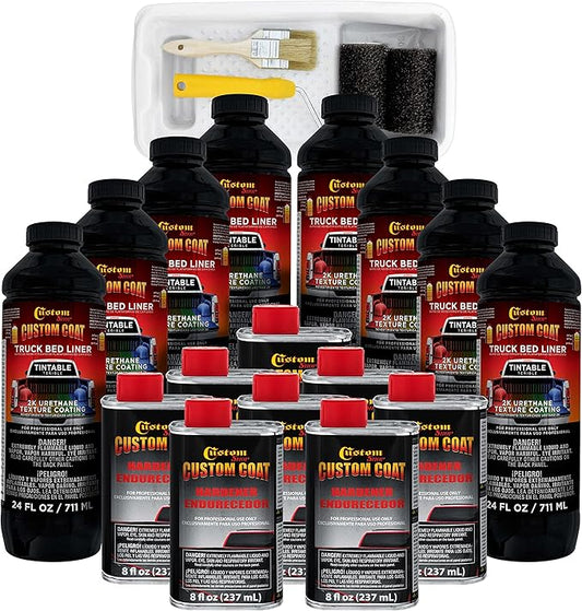 Custom Coat Tintable Base Only 2 Gallon Urethane Roll-On, Brush-On or Spray-On Truck Bed Liner Kit with Roller and Brush Applicator Kit - 3 to 1 Mix Ratio - Durable Textured Protective Coating