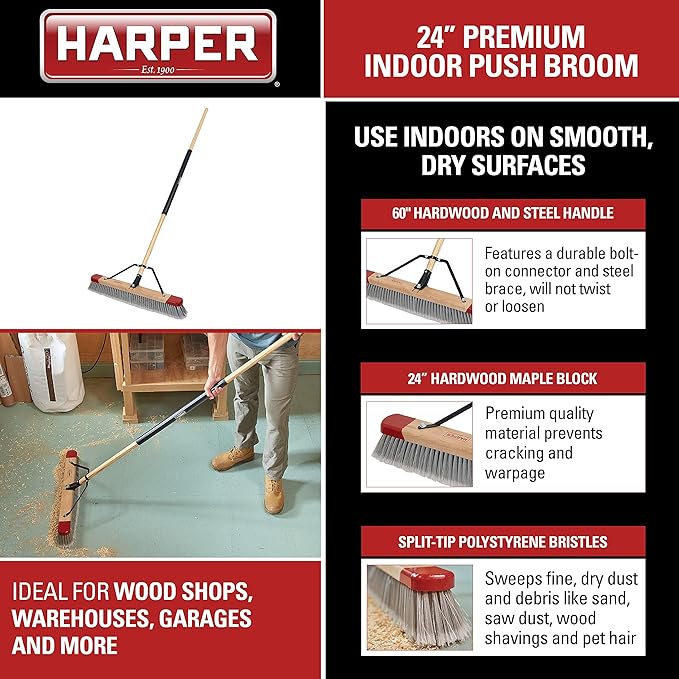 Harper 24 Inch Indoor Push Broom, Premium Heavy Duty Smooth-Surface Floor Cleaning with Flagged Bristles, Home and Garage Sweeping, Gray