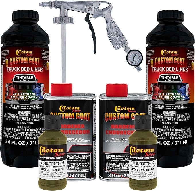 Custom Coat Federal Standard Color # 34089 Olive Green T74 Urethane Spray-On Truck Bed Liner, 2 Quart Kit with Spray Gun and Regulator - Durable Textured Protective Coating - Easy Mix Car Auto