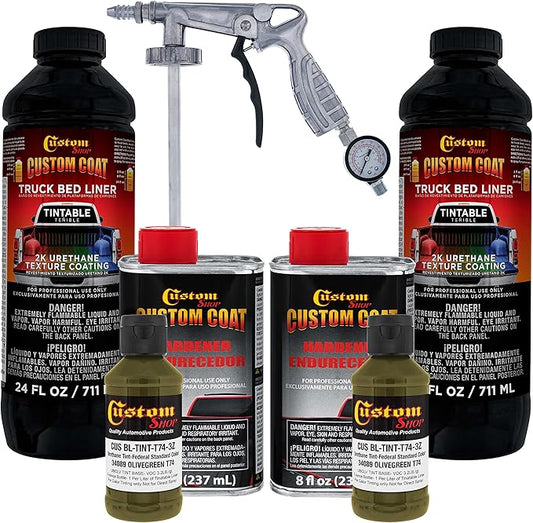 Custom Coat Federal Standard Color # 34089 Olive Green T74 Urethane Spray-On Truck Bed Liner, 2 Quart Kit with Spray Gun and Regulator - Durable Textured Protective Coating - Easy Mix Car Auto