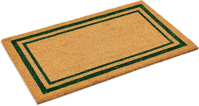 Ecomills Green Border Coco Coir Doormat, 18" x 30" - Natural Coconut Fiber Welcome Mat for Front Door - Non-Slip, Heavy Duty Outdoor Indoor Entryway - Scrapes Shoes Clean