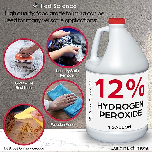 Allied Science 12% Food Grade Hydrogen Peroxide, 4X Stronger, Dilute and Use for Personal Care, Home, Kitchen, Bath, Carpet, Water Cleaner, Plant Treatment, 1 Gallon (3)