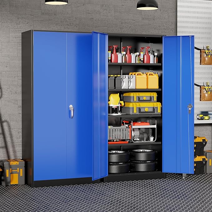 Bonusall 72" Metal Garage Storage Cabinet， Heavy-Duty Steel Cabinet with 2 Locking Doors & 4 Adjustable Shelves for Home, Office