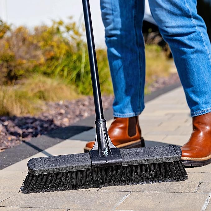 18-inch Heavy-Duty Push-Broom with Steel Handle, Multi-Sided Industrial Broom, Used to Clean dust, Sand, Leaves and Water on Concrete, Asphalt, Garage, Driveway, Yard and Deck.