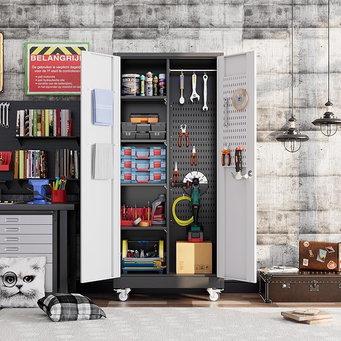 Reemoon 71'H Broom Closet Storage Cabinet with Doors and Pegboard,Metal Garage Storage Cabinet on Wheels and Adjustable Shelves for Garage Home,Required Assembly,Black and White
