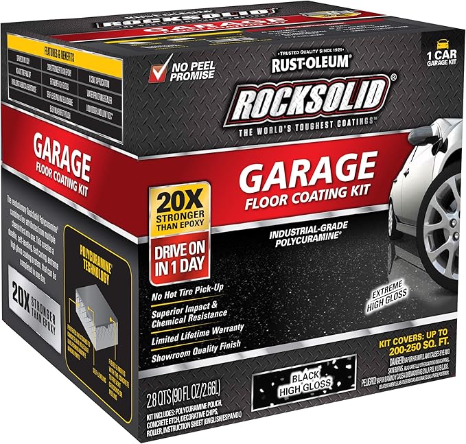 Rust-Oleum 318712 RockSolid Polycuramine Garage Floor Coating, 1 Car Kit, High Gloss Black