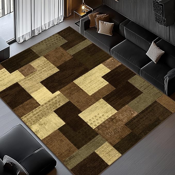 Modern Geometric Patchwork Indoor Area Rug for Living Room, Warm Taupe 9x12 Large Rug Rockwood Collection Hardwood Floors Decor for Bedroom, Taupe Throw Carpet for Office Entryway Dining Room