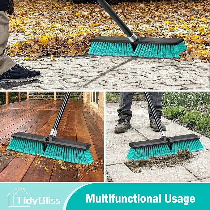 18” Push Broom Outdoor Heavy Duty 3 Pack, Large Commercial Stiff Bristle Brush with 63 inches Long Handle for Garage Shop Garden Yard Patio Deck Street Warehouse Lawn Driveway (Green)