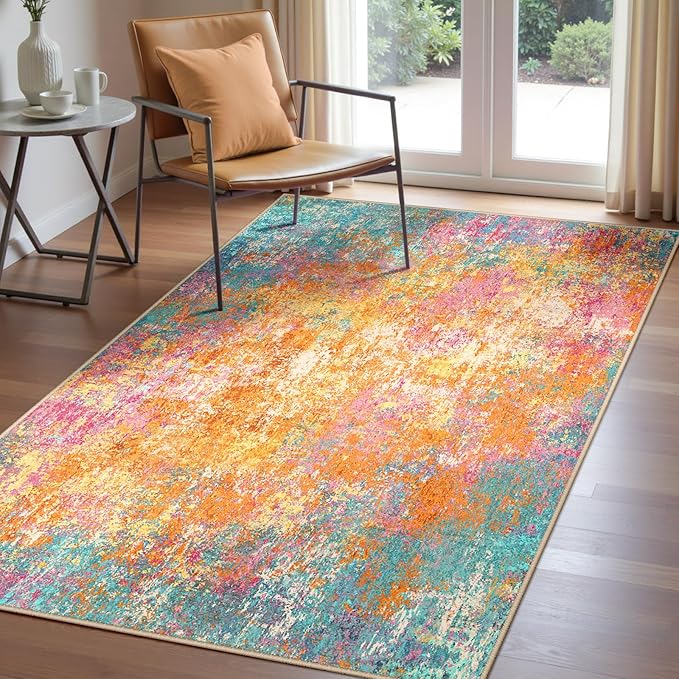 RELEANY Washable Area Rugs 4'x6' Non-Slip Modern Abstract Soft for Living Room Entryway Bedroom Nursery, Print Pattern, Orange Blue Pink Yellow Colorful