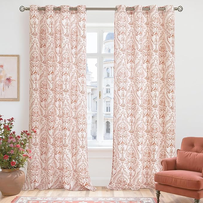 LAMIT Linen Curtains 84 Inches for Living Room, Grommet Light Filtering Country Farmhouse Curtains Flower Vintage Damask Pattern Window Drapes for Bedroom, 2 Panels Each 52 x 84 Inch, Terracotta