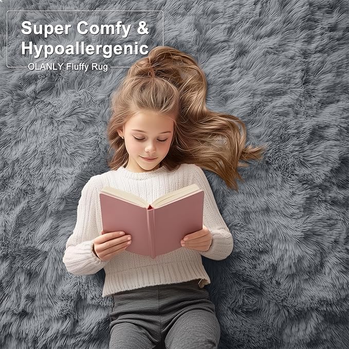 OLANLY 6x10 Machine Washable Large Area Rugs for Living Room, Bedroom, Soft Fluffy Shaggy Bedside Rug, Indoor Floor Carpet for Kids Girls and Boys, Dorms, Nursery, Home Decor Aesthetic, Grey