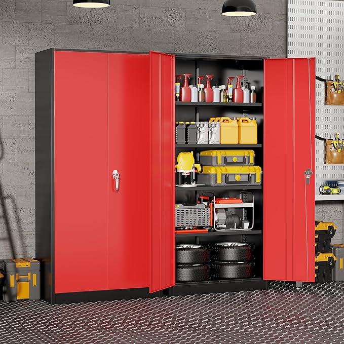 Bonusall 72" Metal Garage Storage Cabinet， Heavy-Duty Steel Cabinet with 2 Locking Doors & 5 Adjustable Shelves for Home