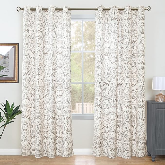 LAMIT Linen Curtains for Living Room 84 Inch Length 2 Panels Set, Vintage Damask Printed Linen Curtains Grommet Light Filtering Window Drapes for Bedroom/Farmhouse, Taupe, Each 52 x 84 Inch
