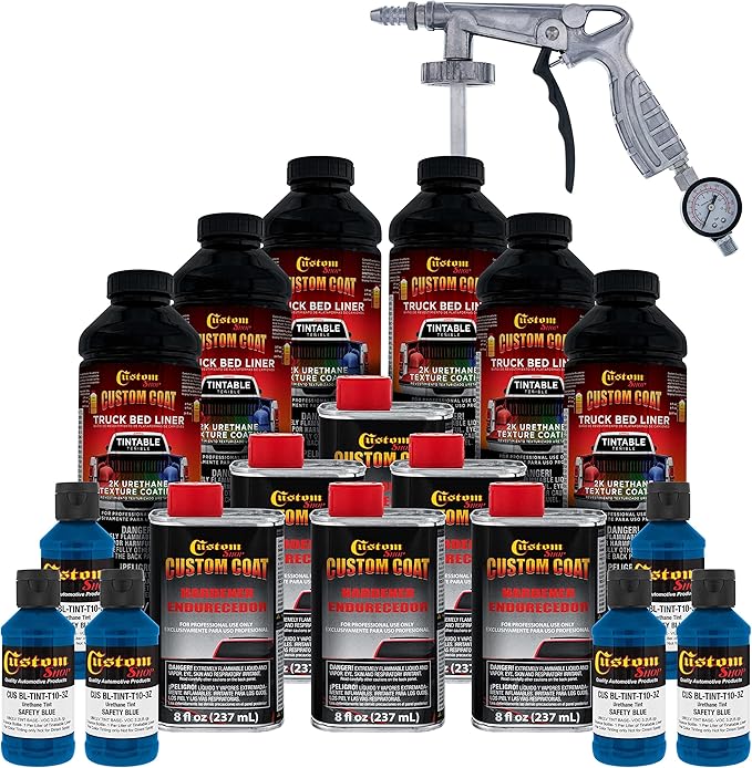 Custom Coat Safety Blue 1.5 Gallon (6 Quart) Urethane Spray-On Truck Bed Liner Kit with Spray Gun and Regulator - Easy Mixing, Shake, Shoot Textured Protective Coating, Prevent Rust - Car, Auto