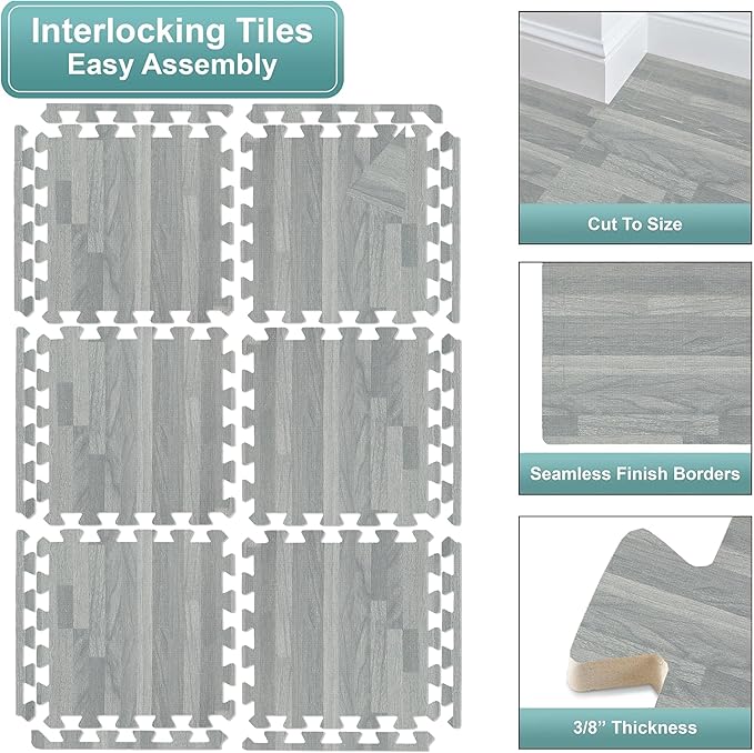 Sorbus Wood Floor Mats Foam Interlocking Mats Each Tile 1 Square Foot 3/8-Inch Thick Puzzle Wood Tiles with Borders – for Home Office Playroom Basement (16 Tiles 16 Sq ft, Wood Grain - Gray)
