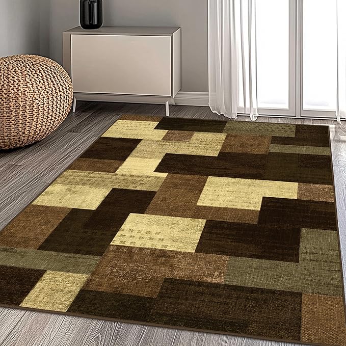 Modern Geometric Patchwork Indoor Area Rug for Living Room, Warm Taupe 4x6 Large Rug Rockwood Collection Hardwood Floors Decor for Bedroom, Taupe Throw Carpet for Office Entryway Dining Room