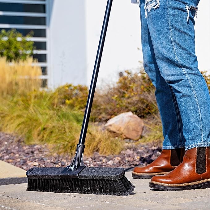 18-inch Heavy-Duty Push-Broom with Steel Handle, Multi-Sided Industrial Broom, Used to Clean dust, Sand, Leaves and Water on Concrete, Asphalt, Garage, Driveway, Yard and Deck.