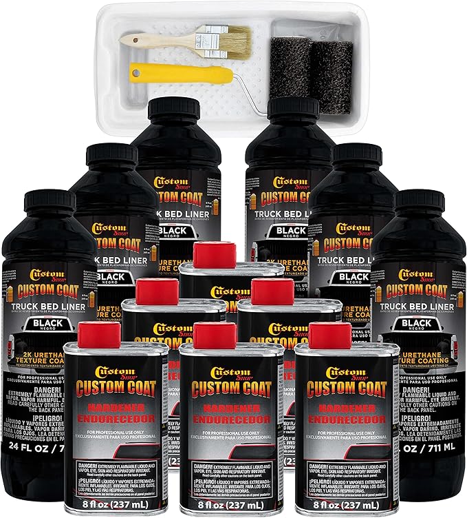 Custom Coat Black 1.5 Gallon (6 Quart) Urethane Roll-On, Brush-On or Spray-On Truck Bed Liner Kit with Roller and Brush Applicator Kit - 3 to 1 Mix Ratio - Textured Auto Protective Coating