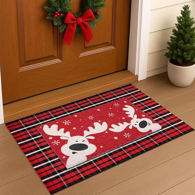2-Piece Christmas Door Mat Combo Set - Reindeer Coir Doormat 17"x30" + Red Black White Check Rug 28"x43", Layered Front Door Decor for Porch/Entryway, Natural Coir with PVC Backing