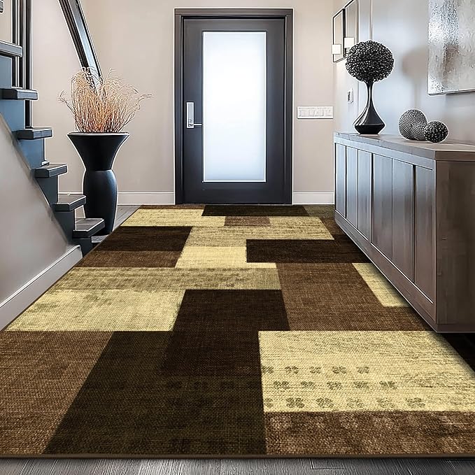 Modern Geometric Patchwork Indoor Area Rug for Living Room, Warm Taupe 9x12 Large Rug Rockwood Collection Hardwood Floors Decor for Bedroom, Taupe Throw Carpet for Office Entryway Dining Room