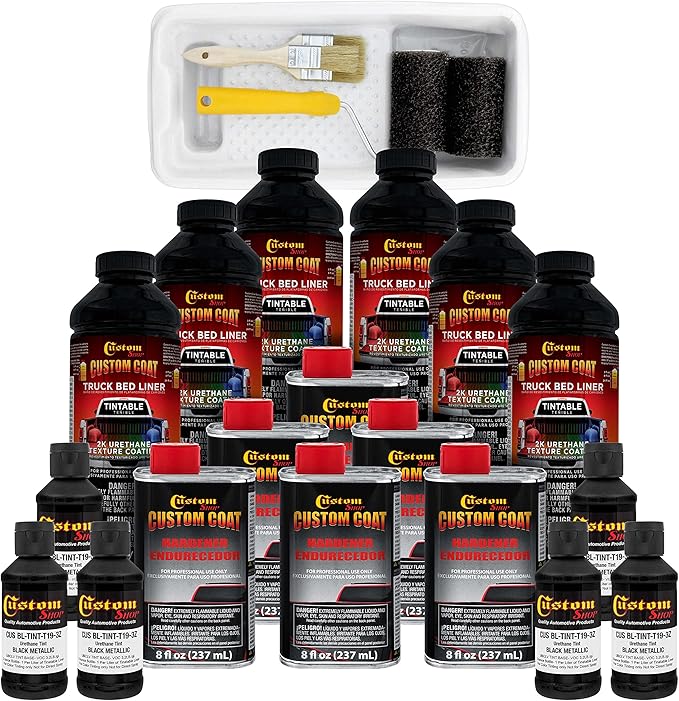 Custom Coat Black Metallic 1.5 Gallon (6 Quart) Urethane Roll-On, Brush-On or Spray-On Truck Bed Liner Kit with Roller and Brush Applicator Kit - Easy Mixing - Textured Car Auto Protective Coating
